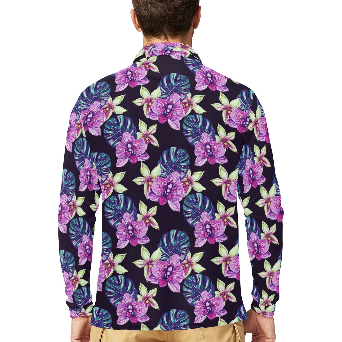 Orchid Pattern Print Design OR010 Long Sleeve Polo Shirt For Men's