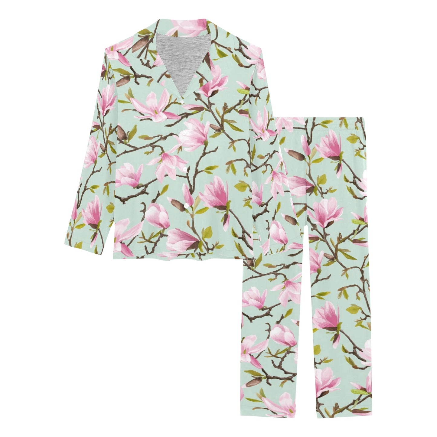 Magnolia Pattern Print Design MAG04 Women's Long Pajama Set