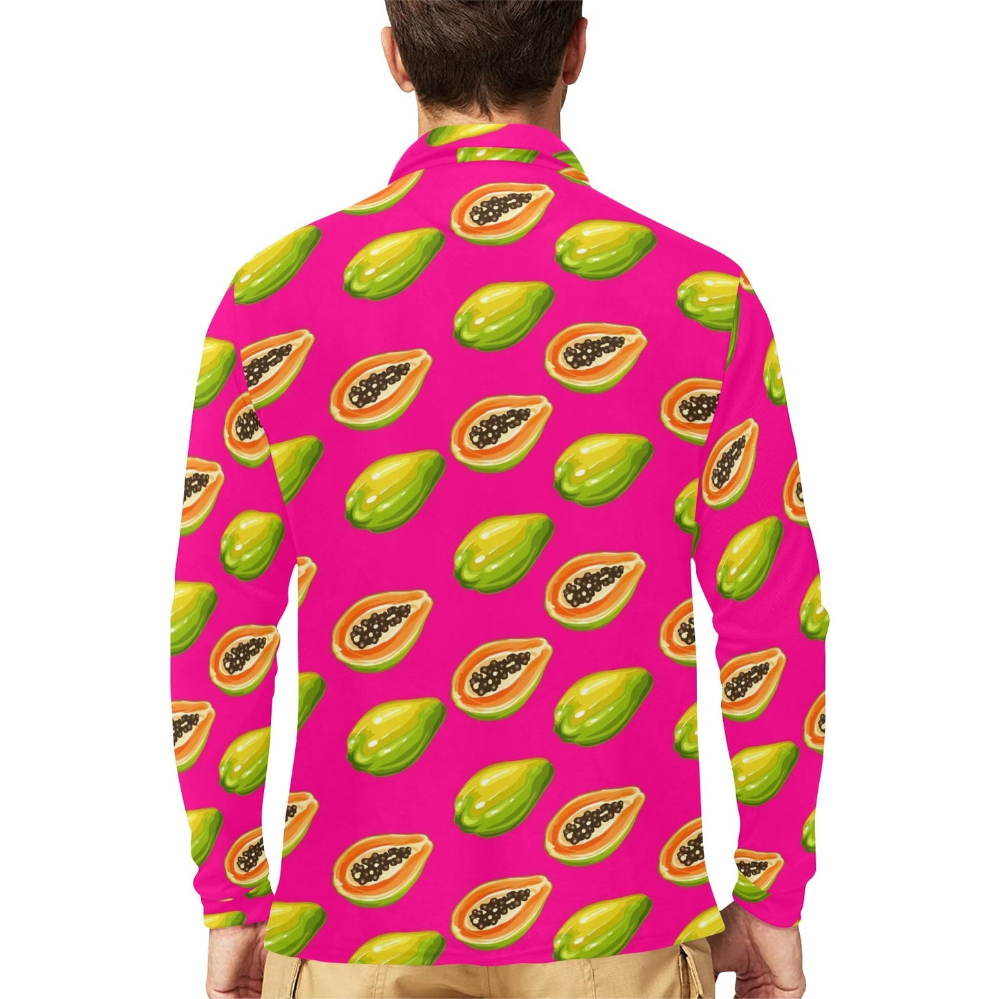 Papaya Pattern Print Design PP02 Long Sleeve Polo Shirt For Men's