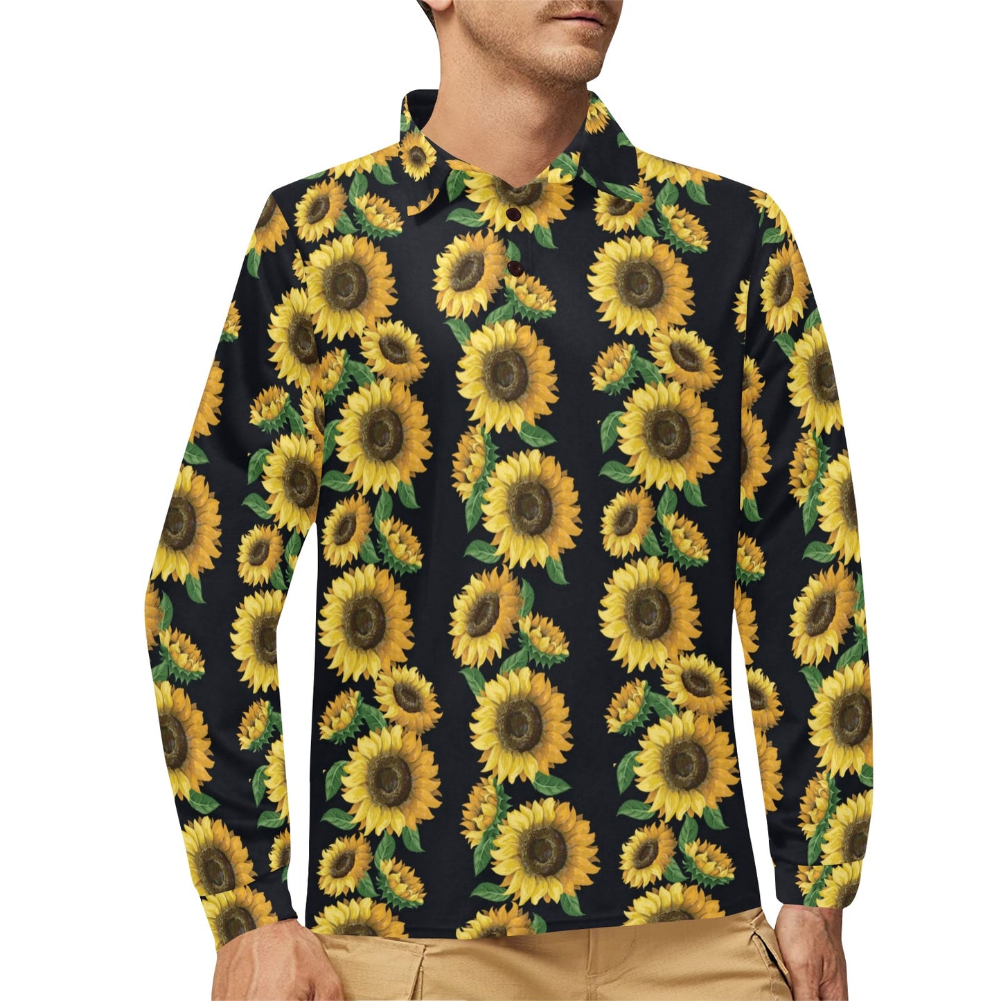 Sunflower Print Design LKS306 Long Sleeve Polo Shirt For Men's