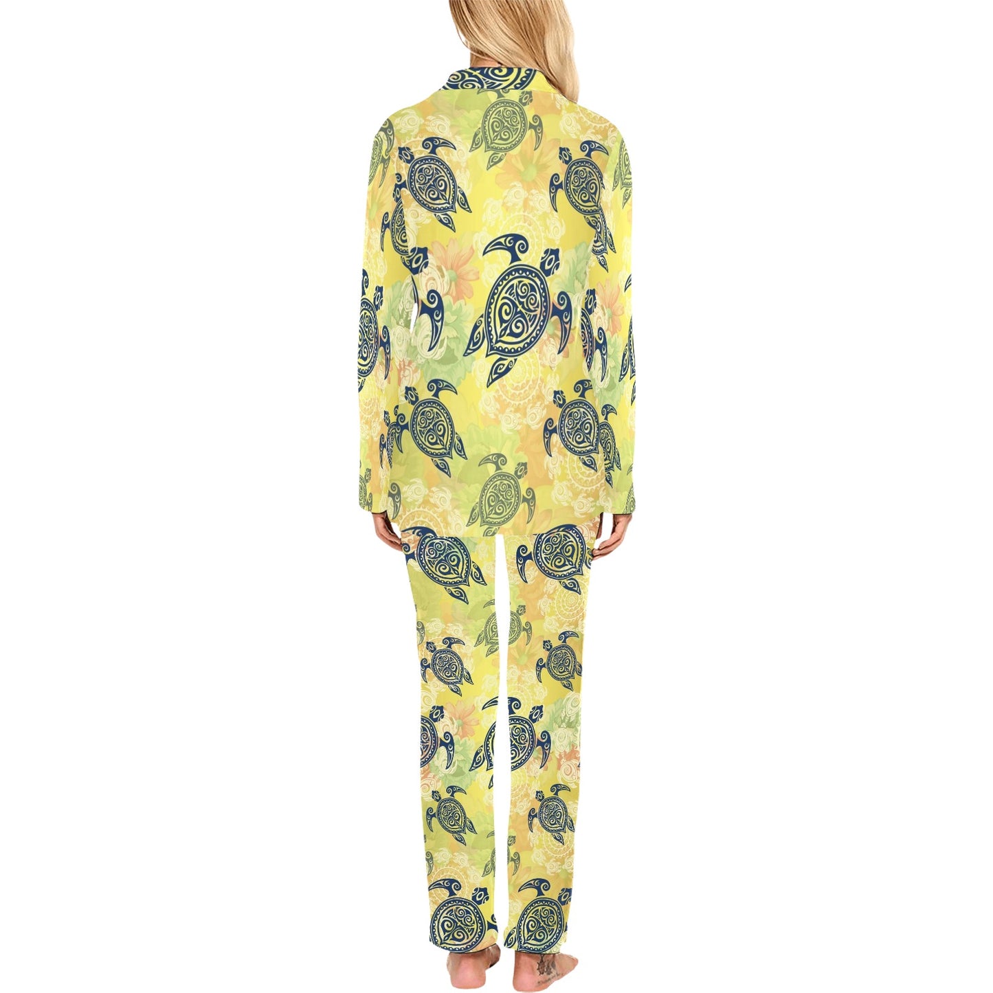 Hawaiian Turtle Tribal Design Print Women's Long Pajama Set