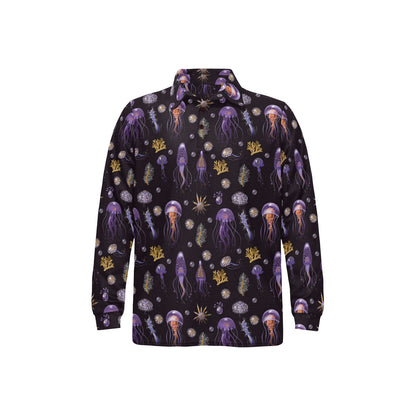 Seaweed With Jelly Fish Print Design LKS305 Long Sleeve Polo Shirt For Men's