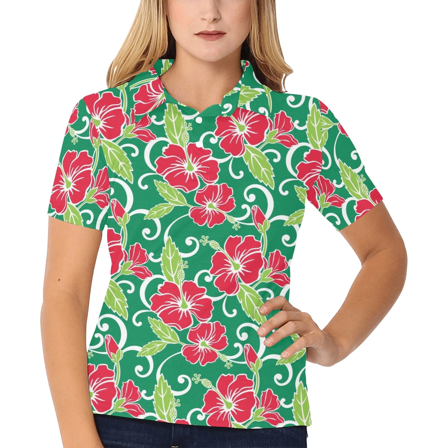 Red Hibiscus Pattern Print Design HB019 Women's Polo Shirt