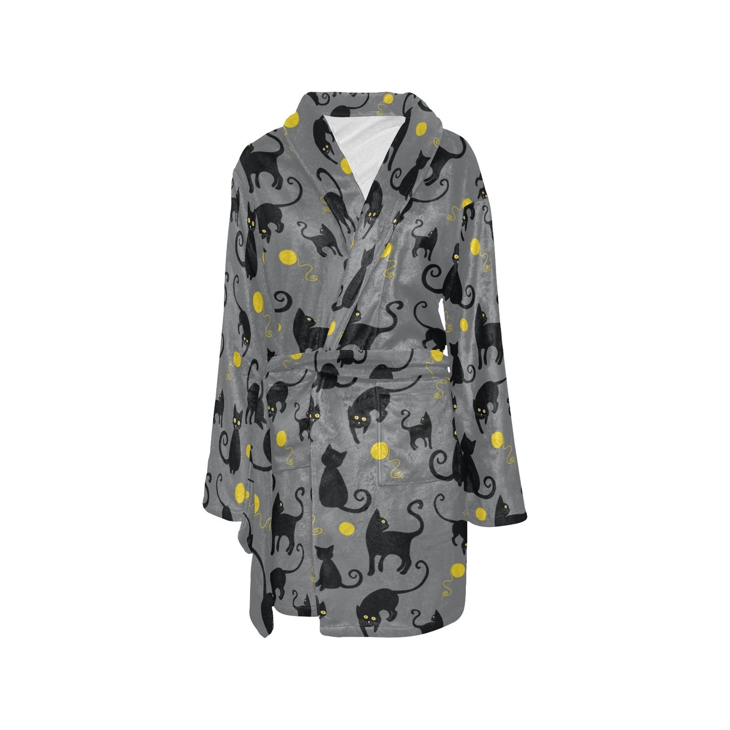 Black Cat Yellow Yarn Print Pattern Women's Fleece Robe