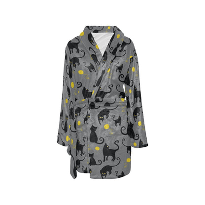 Black Cat Yellow Yarn Print Pattern Women's Fleece Robe