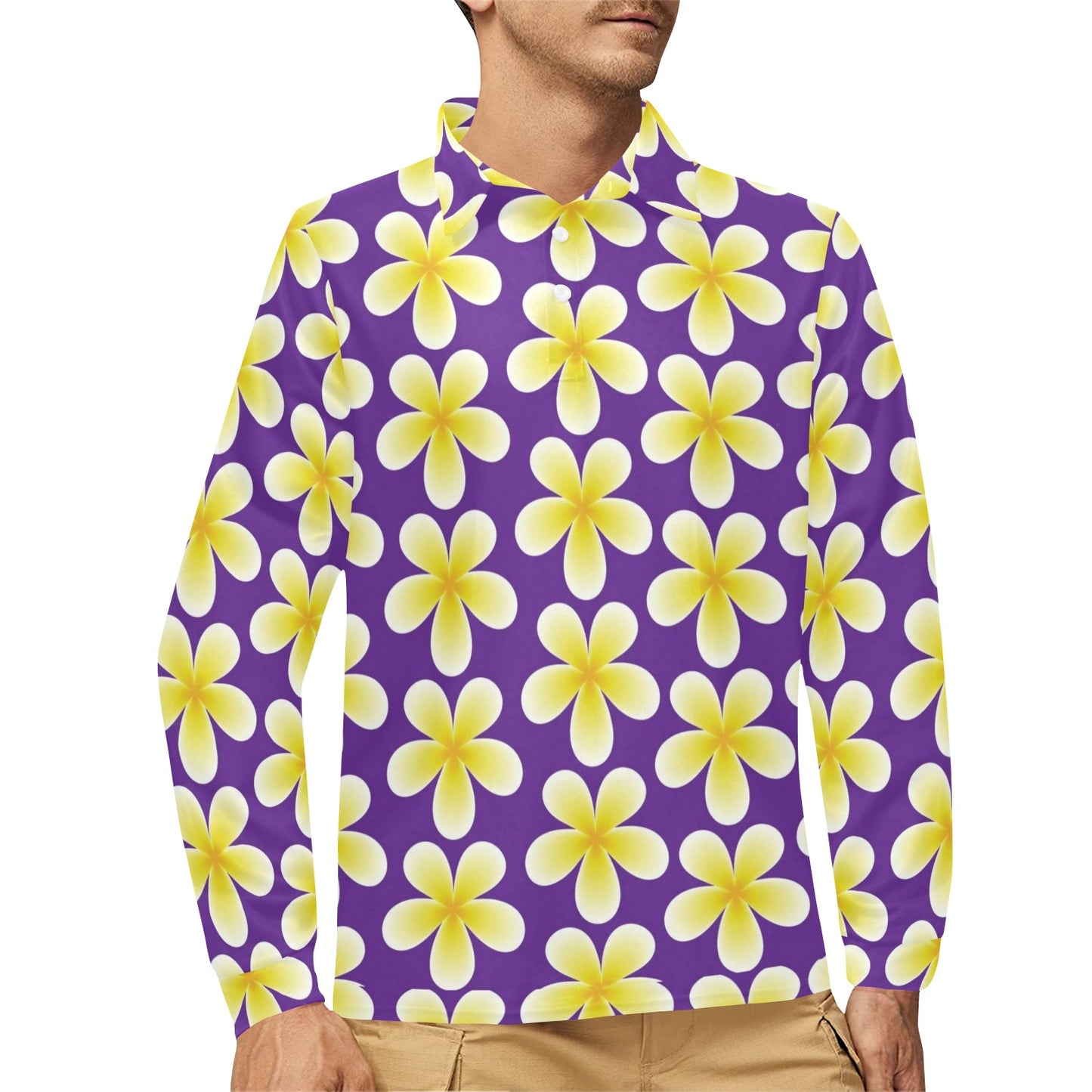 Yellow Plumeria Pattern Print Design PM05 Long Sleeve Polo Shirt For Men's