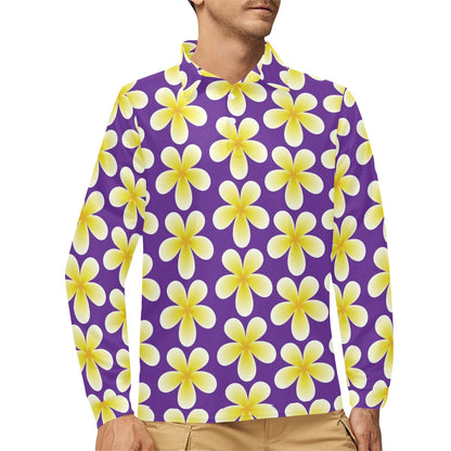 Yellow Plumeria Pattern Print Design PM05 Long Sleeve Polo Shirt For Men's