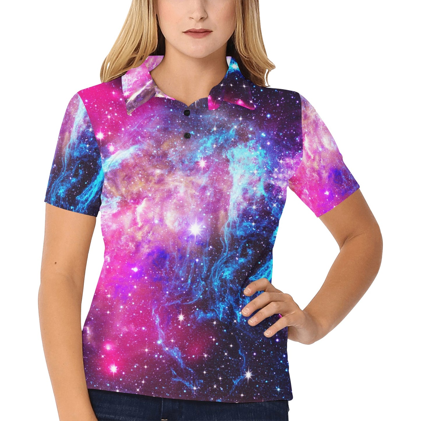 Galaxy Night Purple Space Print Women's Polo Shirt