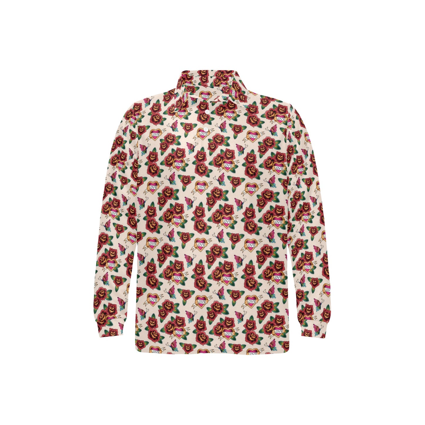 Old School Tattoo Rose Pattern Long Sleeve Polo Shirt For Men's