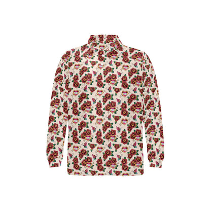 Old School Tattoo Rose Pattern Long Sleeve Polo Shirt For Men's