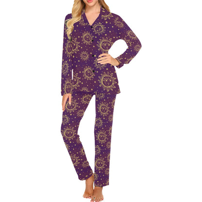 Sun Moon Star Design Themed Print Women's Long Pajama Set