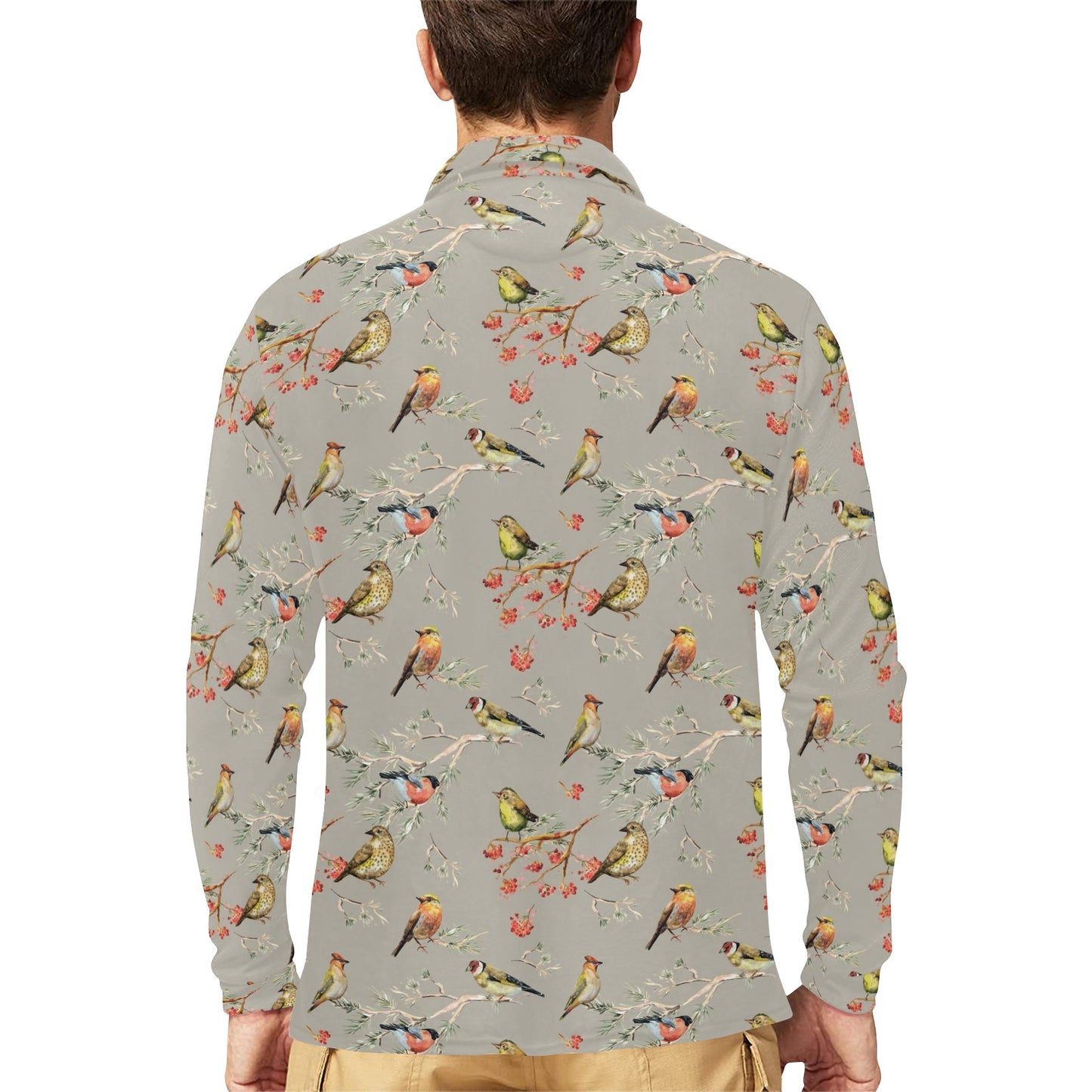 Birds Pattern Print Design 03 Long Sleeve Polo Shirt For Men's