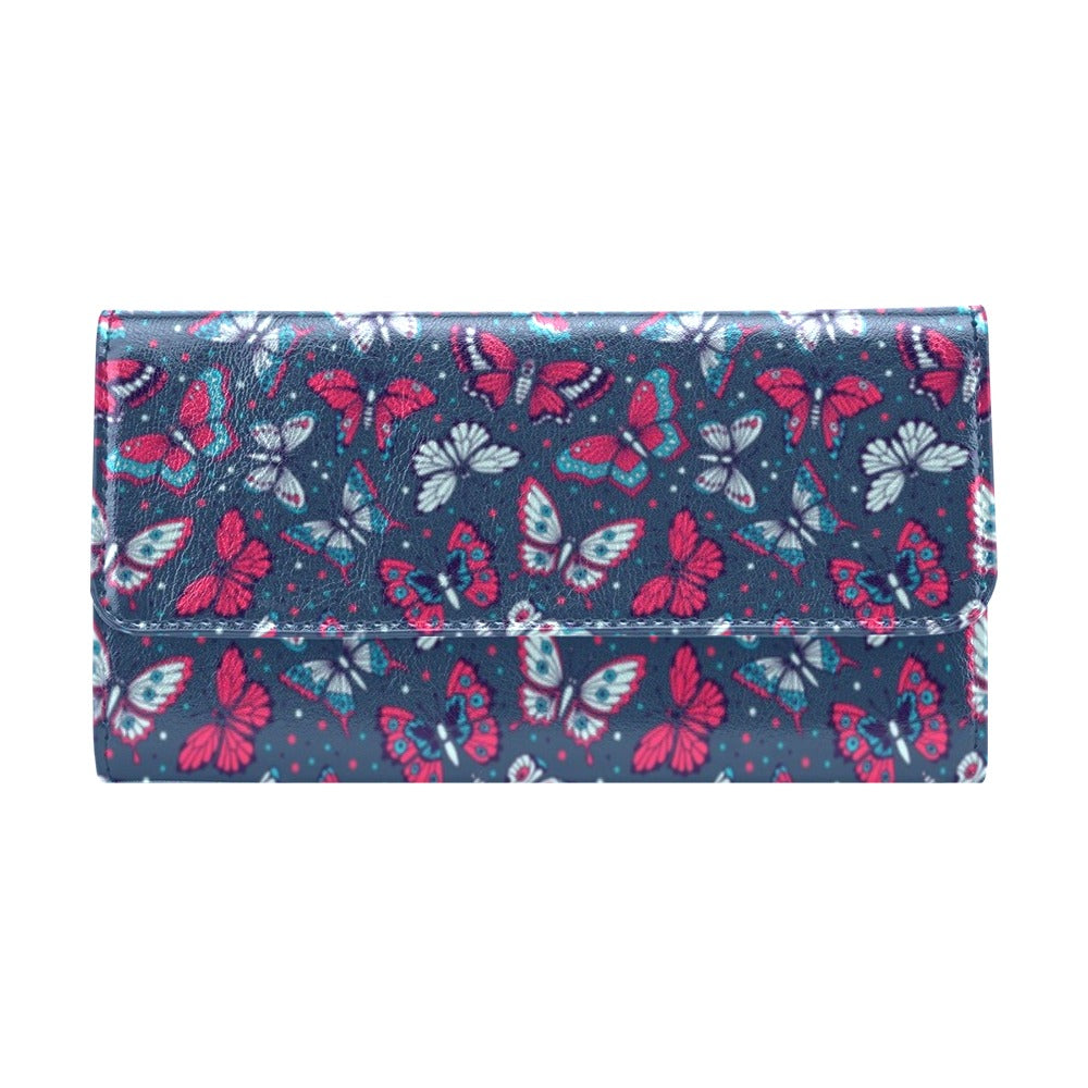 Butterfly Red Deep Blue Print Pattern Women's Trifold Wallet