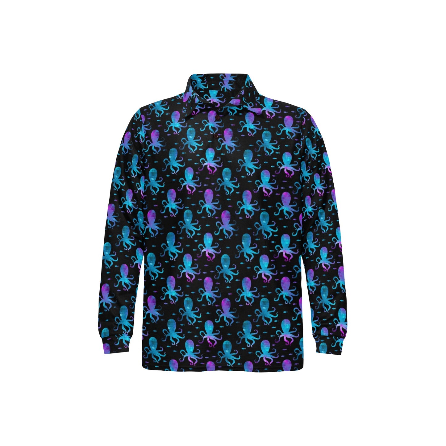 Octopus Blue Design Print Themed Long Sleeve Polo Shirt For Men's