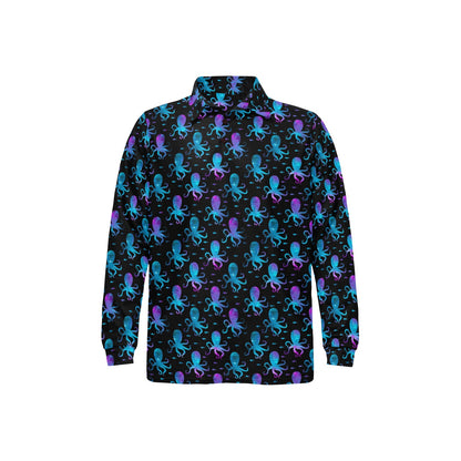 Octopus Blue Design Print Themed Long Sleeve Polo Shirt For Men's