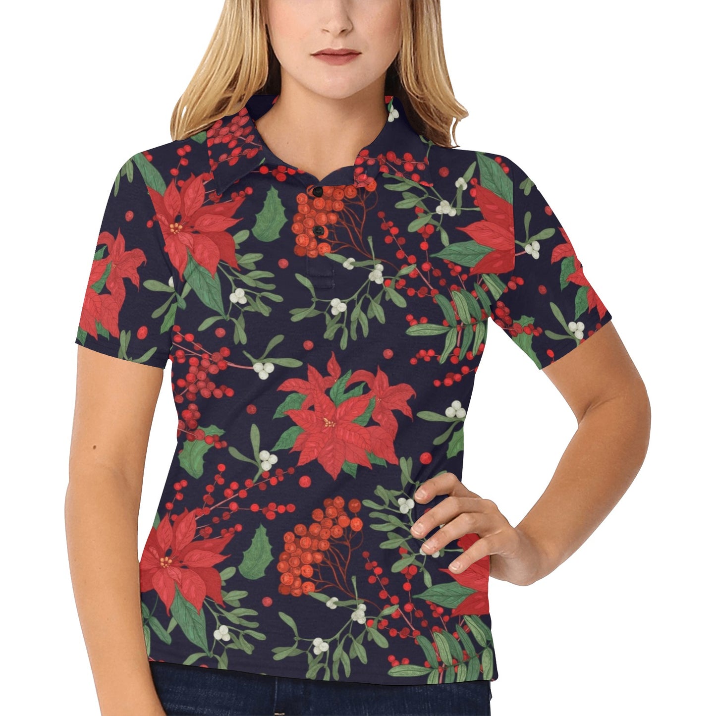 Poinsettia Pattern Print Design POT02 Women's Polo Shirt