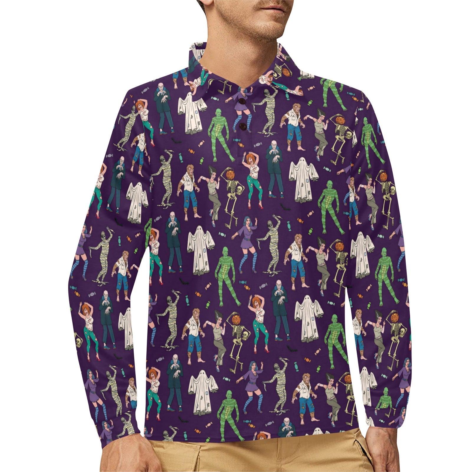 Creepy Zombie Print Design LKS302 Long Sleeve Polo Shirt For Men's