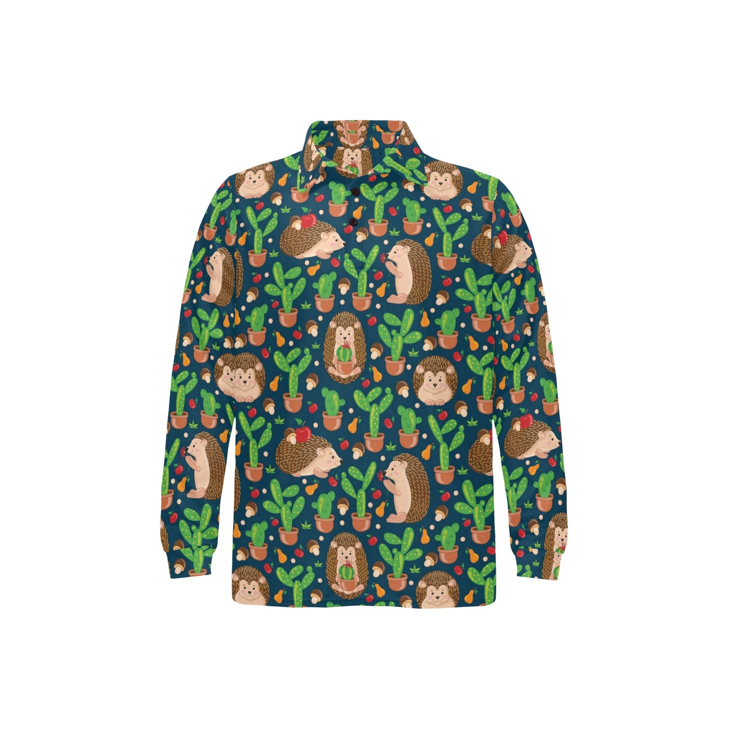 Hedgehog Cactus Pattern Print Design 04 Long Sleeve Polo Shirt For Men's