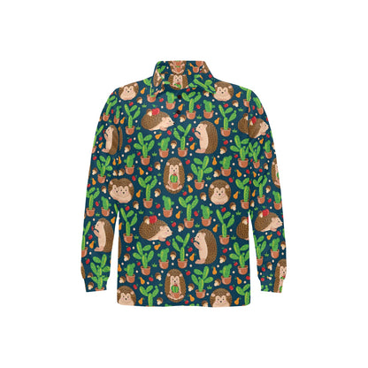 Hedgehog Cactus Pattern Print Design 04 Long Sleeve Polo Shirt For Men's