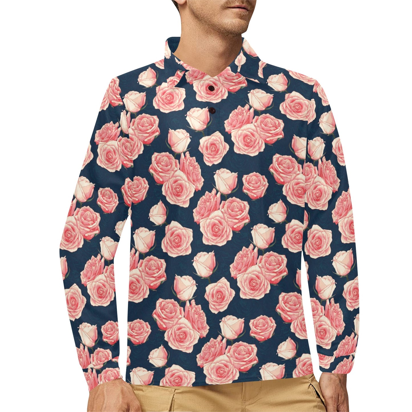 Rose Pattern Print Design A03 Long Sleeve Polo Shirt For Men's