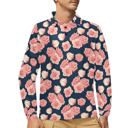 Rose Pattern Print Design A03 Long Sleeve Polo Shirt For Men's