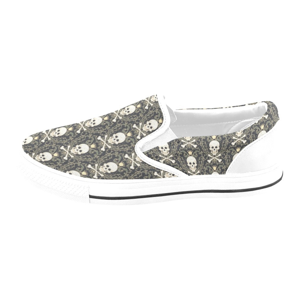 Skull King Print Design LKS307 White Slip Ons Canvas Women's Shoes