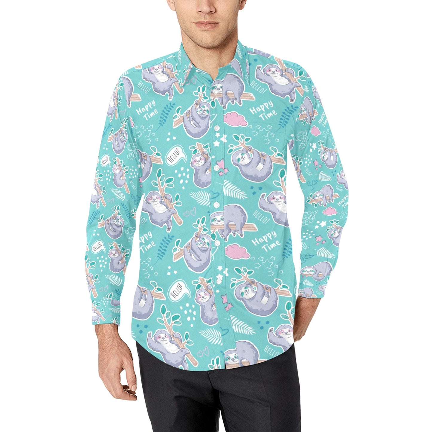 Sloth Print Design LKS309 Men's Long Sleeve Dress Shirt