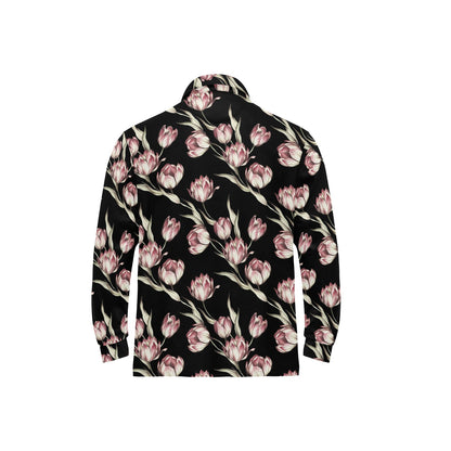 Tulip Pink Pattern Print Design TP02 Long Sleeve Polo Shirt For Men's