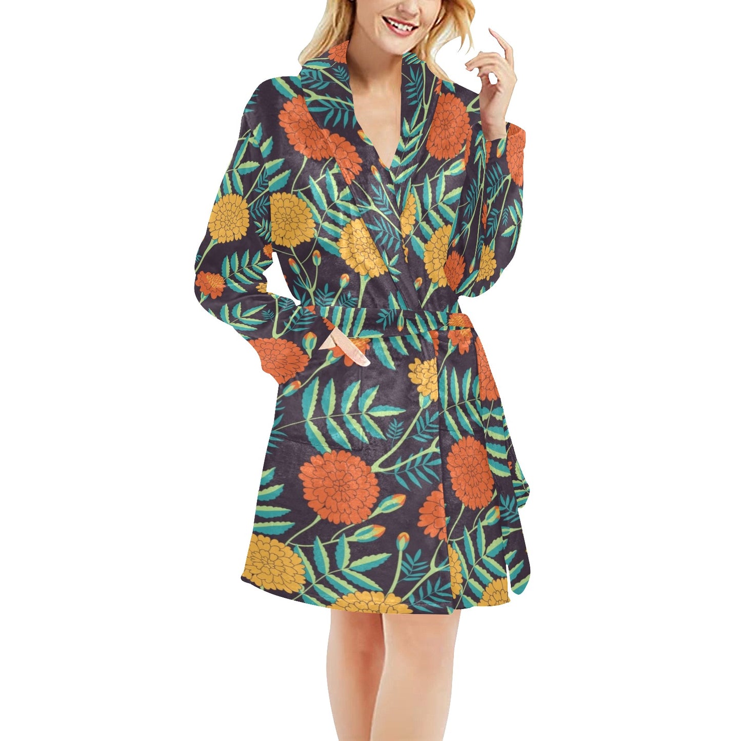 Marigold Pattern Print Design MR01 Women's Fleece Robe