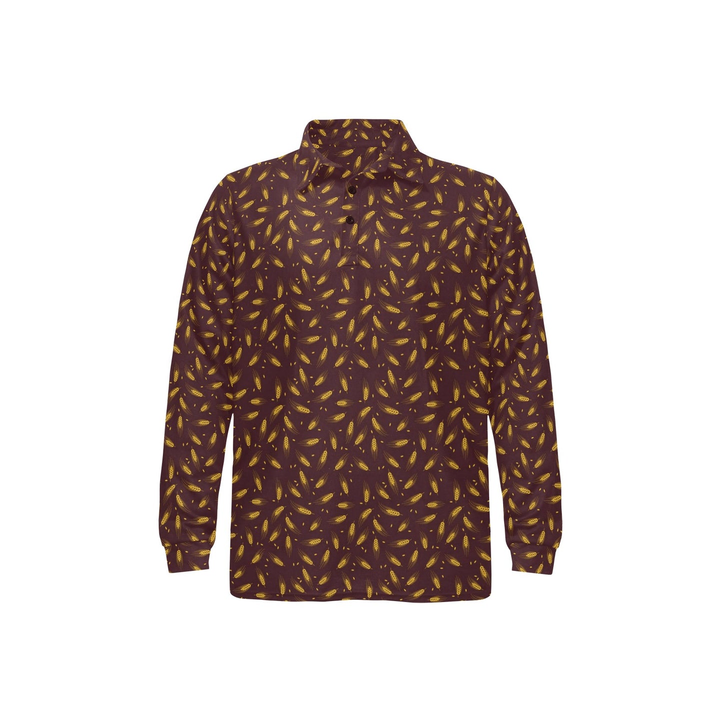 Agricultural Gold Wheat Print Pattern Long Sleeve Polo Shirt For Men's
