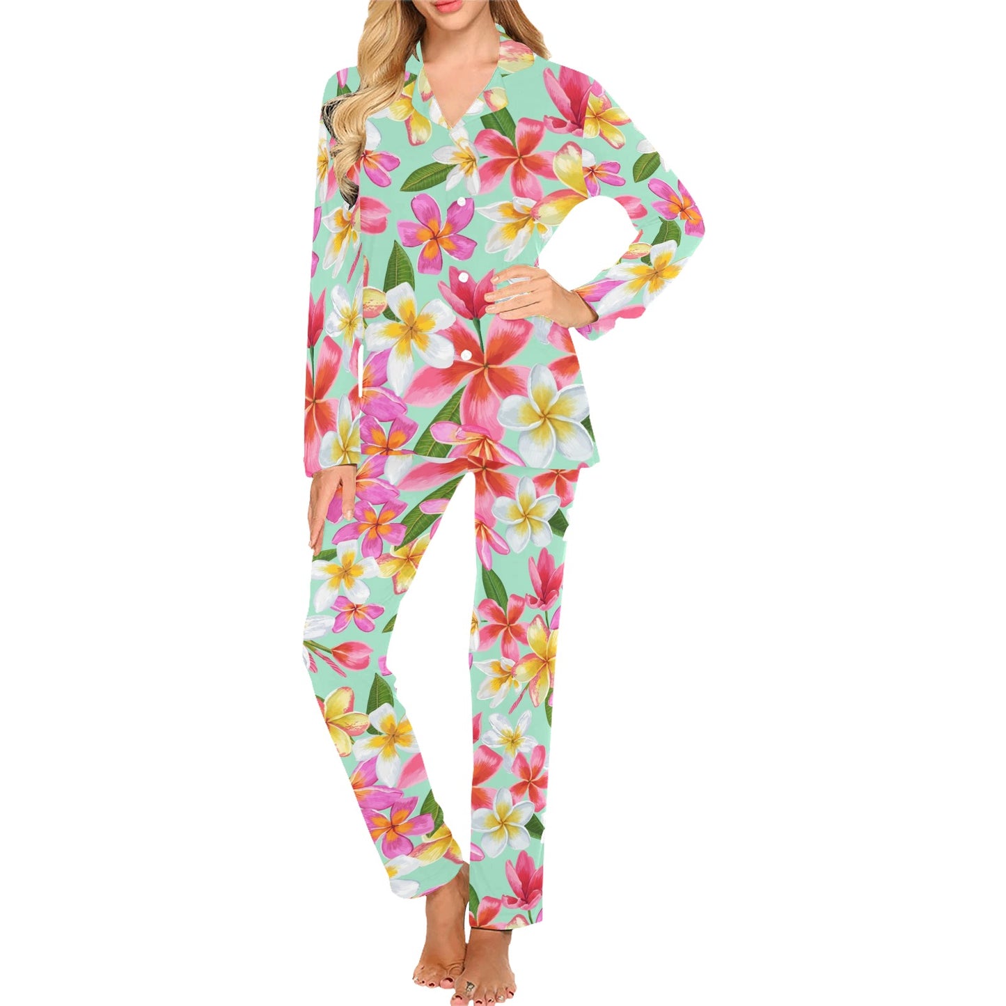 Plumeria Pattern Print Design PM014 Women's Long Pajama Set