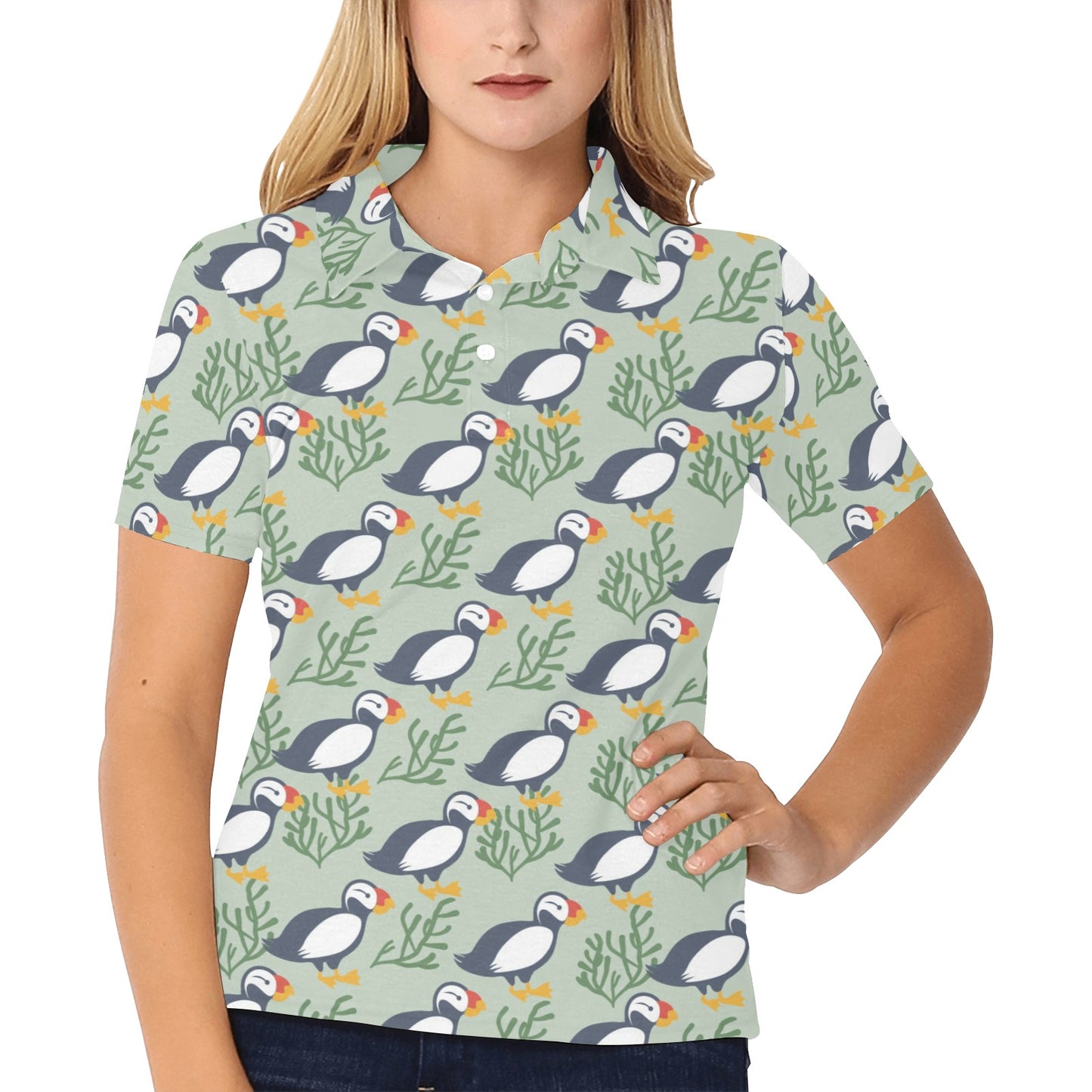 Puffin Pattern Print Design A04 Women's Polo Shirt