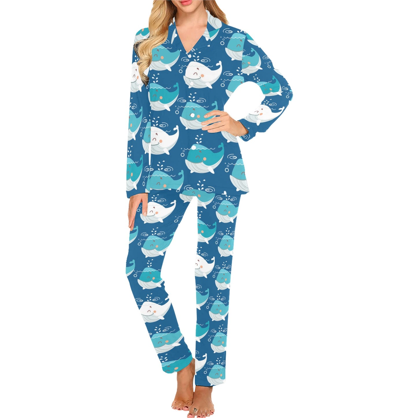Blue Whale Pattern Print Design 01 Women's Long Pajama Set