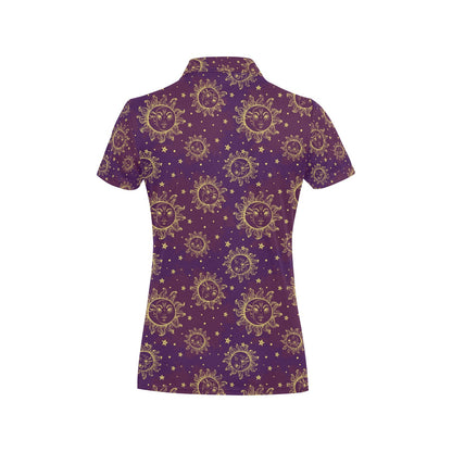 Sun Moon Star Design Themed Print Women's Polo Shirt
