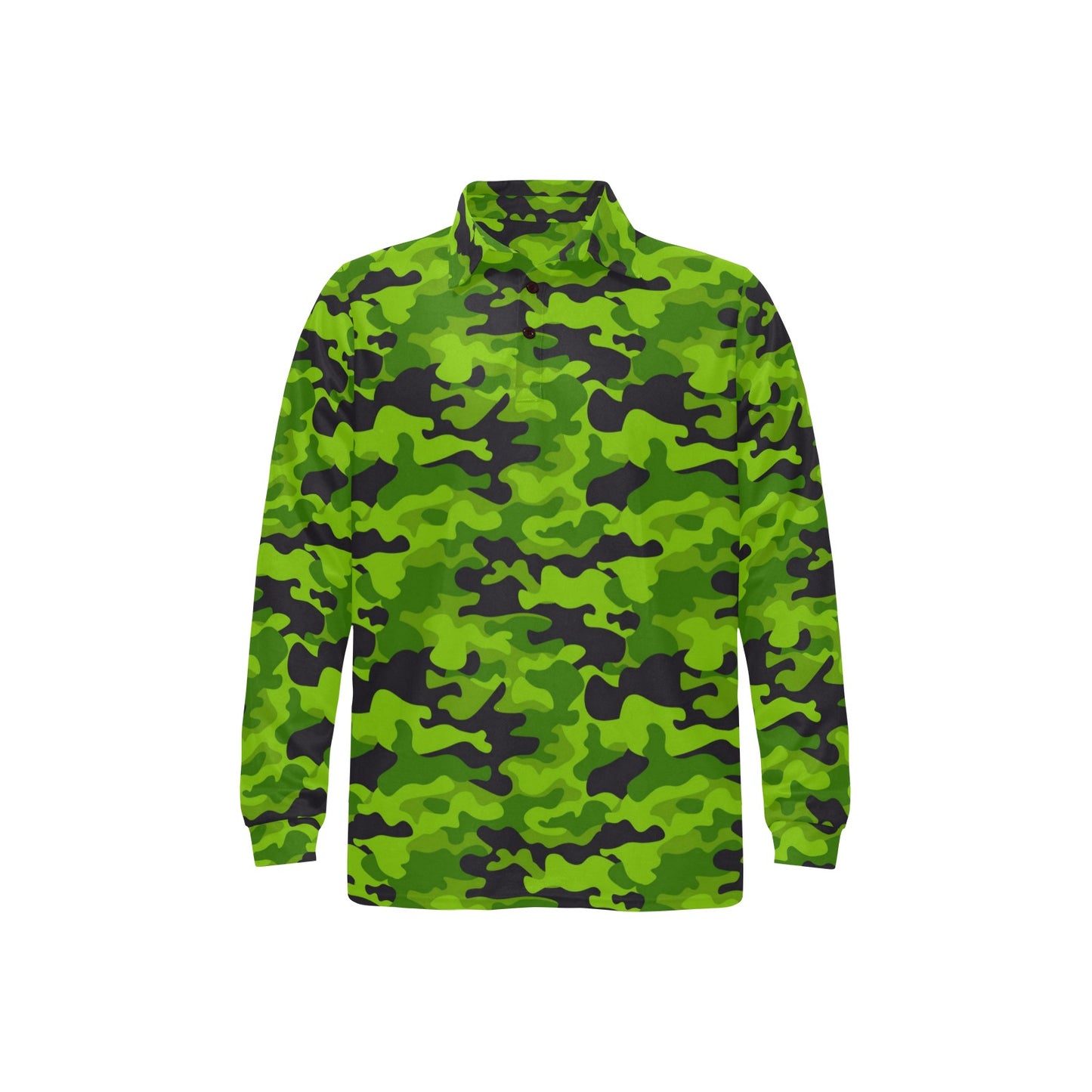 Green Kelly Camo Print Long Sleeve Polo Shirt For Men's