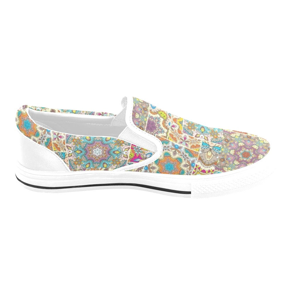 Patchwork Print Design LKS402 White Slip Ons Canvas Women's Shoes