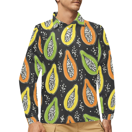 Papaya Pattern Print Design PP05 Long Sleeve Polo Shirt For Men's