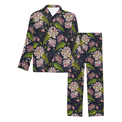 lotus Embroidered Pattern Print Design LO06 Men's Long Pajama Set