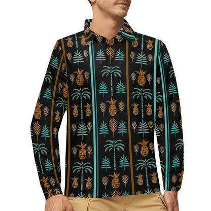 Hawaiian Themed Pattern Print Design H023 Long Sleeve Polo Shirt For Men's