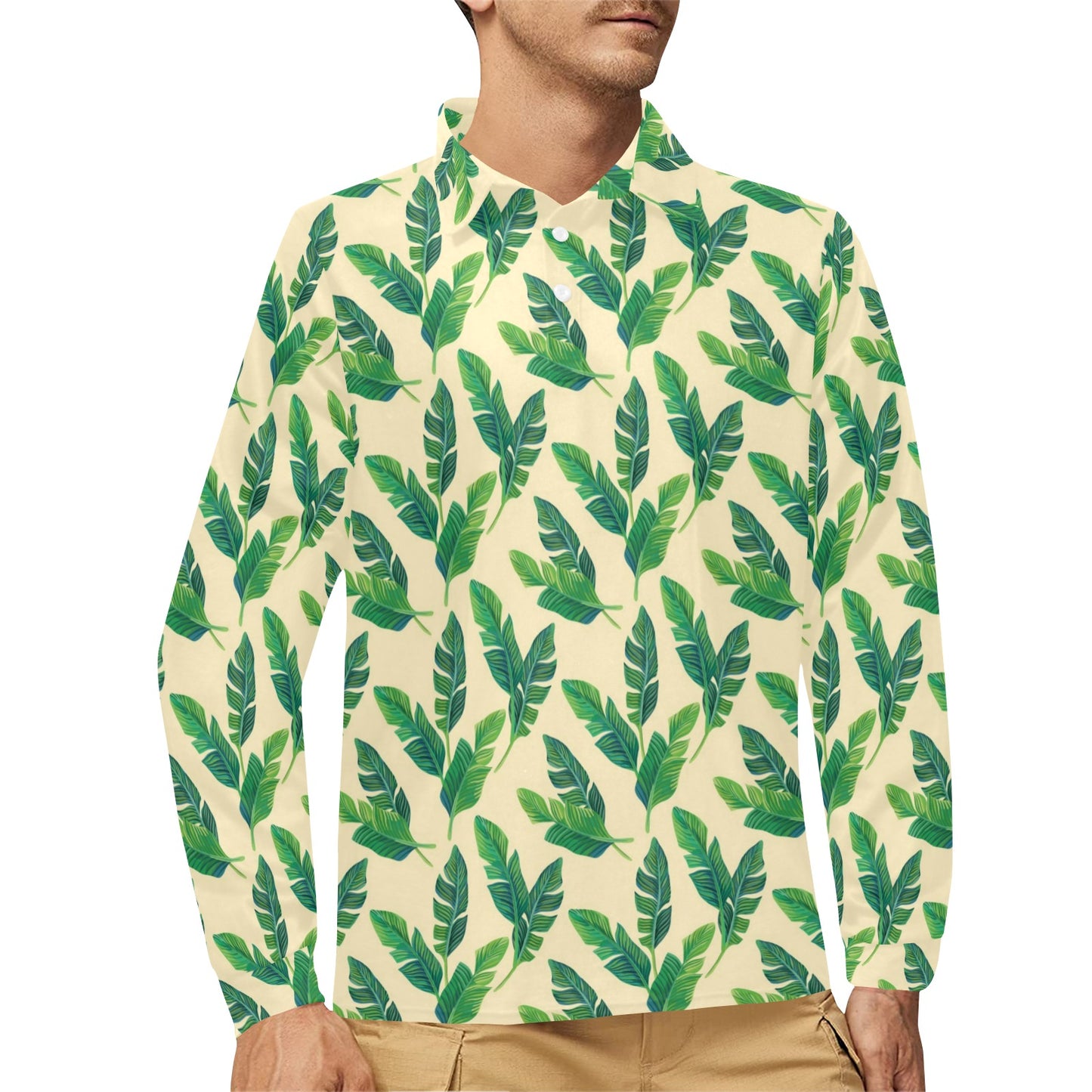 Banana Leaf Pattern Print Design 01 Long Sleeve Polo Shirt For Men's