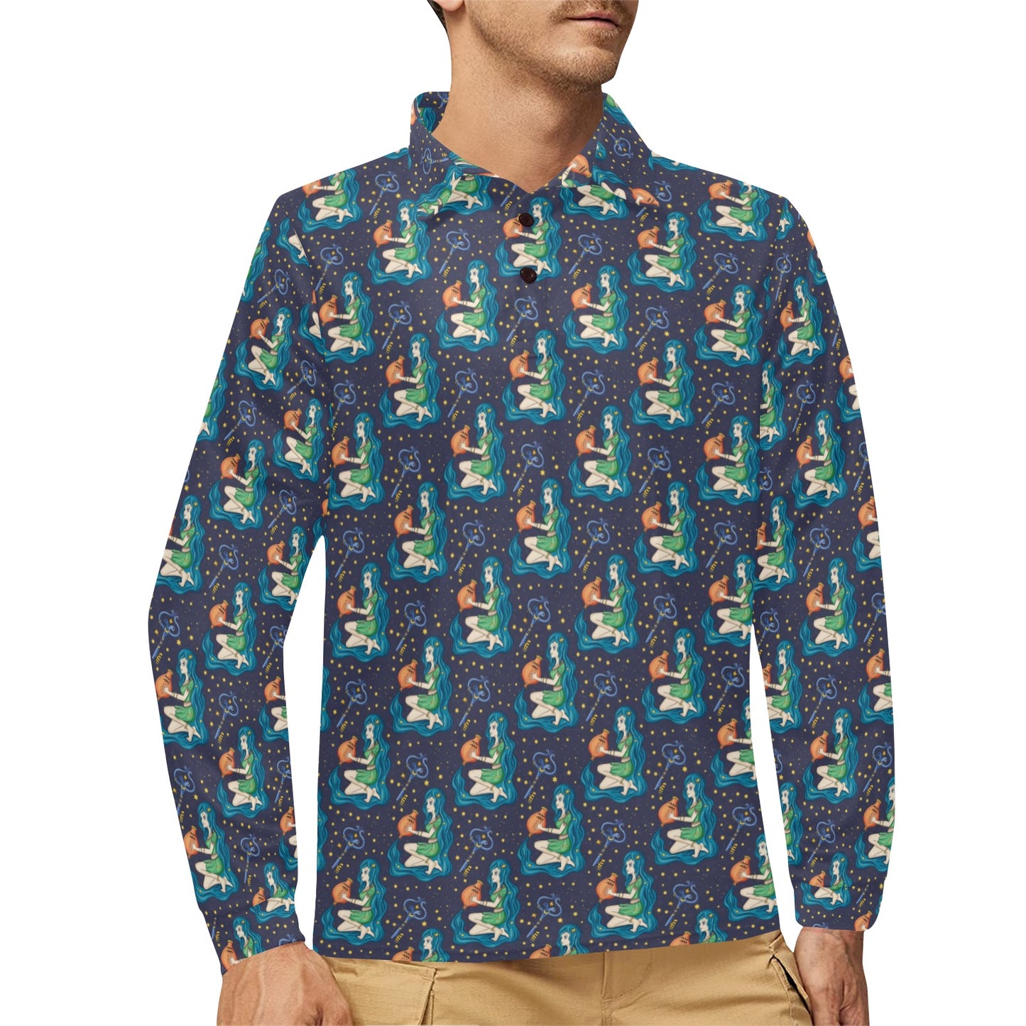 Aquarius Zodiac Pattern Print Design 03 Long Sleeve Polo Shirt For Men's