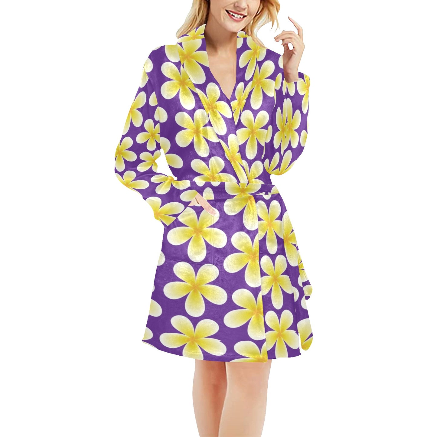 Yellow Plumeria Pattern Print Design PM05 Women's Fleece Robe