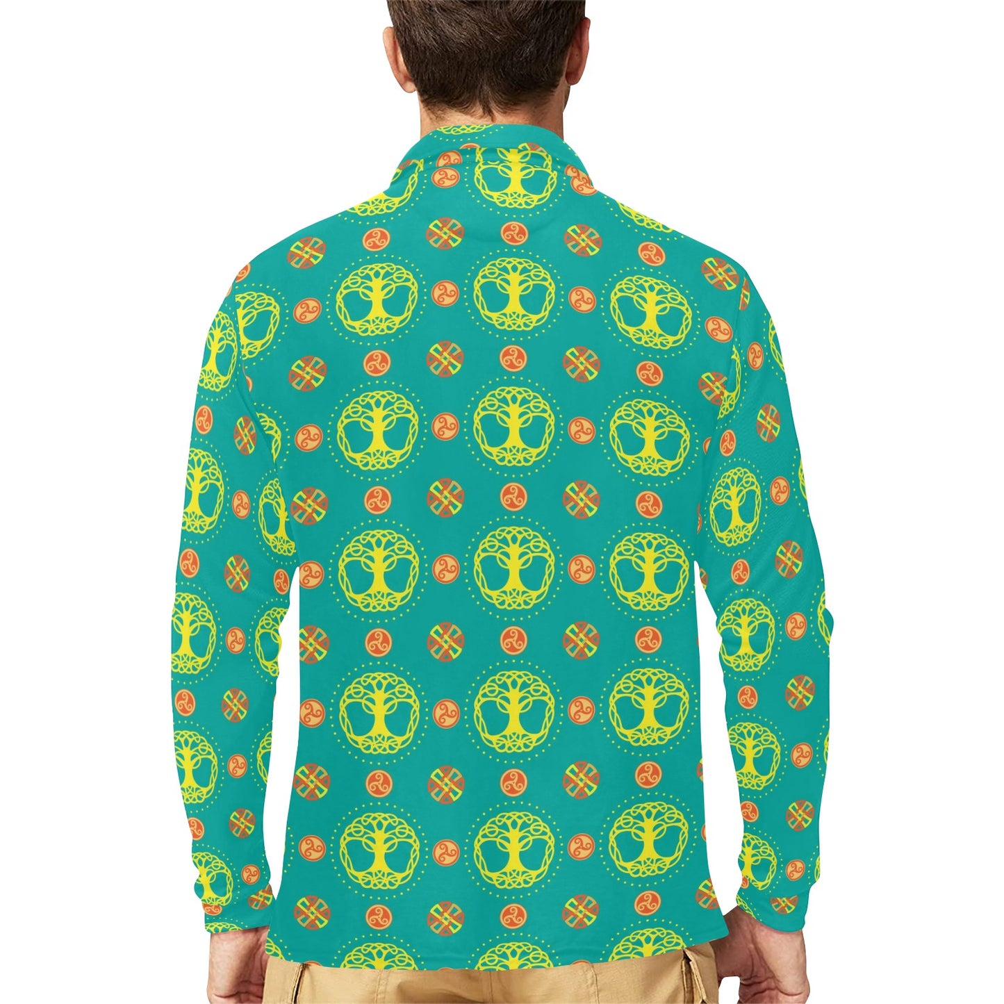 Celtic Tree of Life Print Pattern Long Sleeve Polo Shirt For Men's