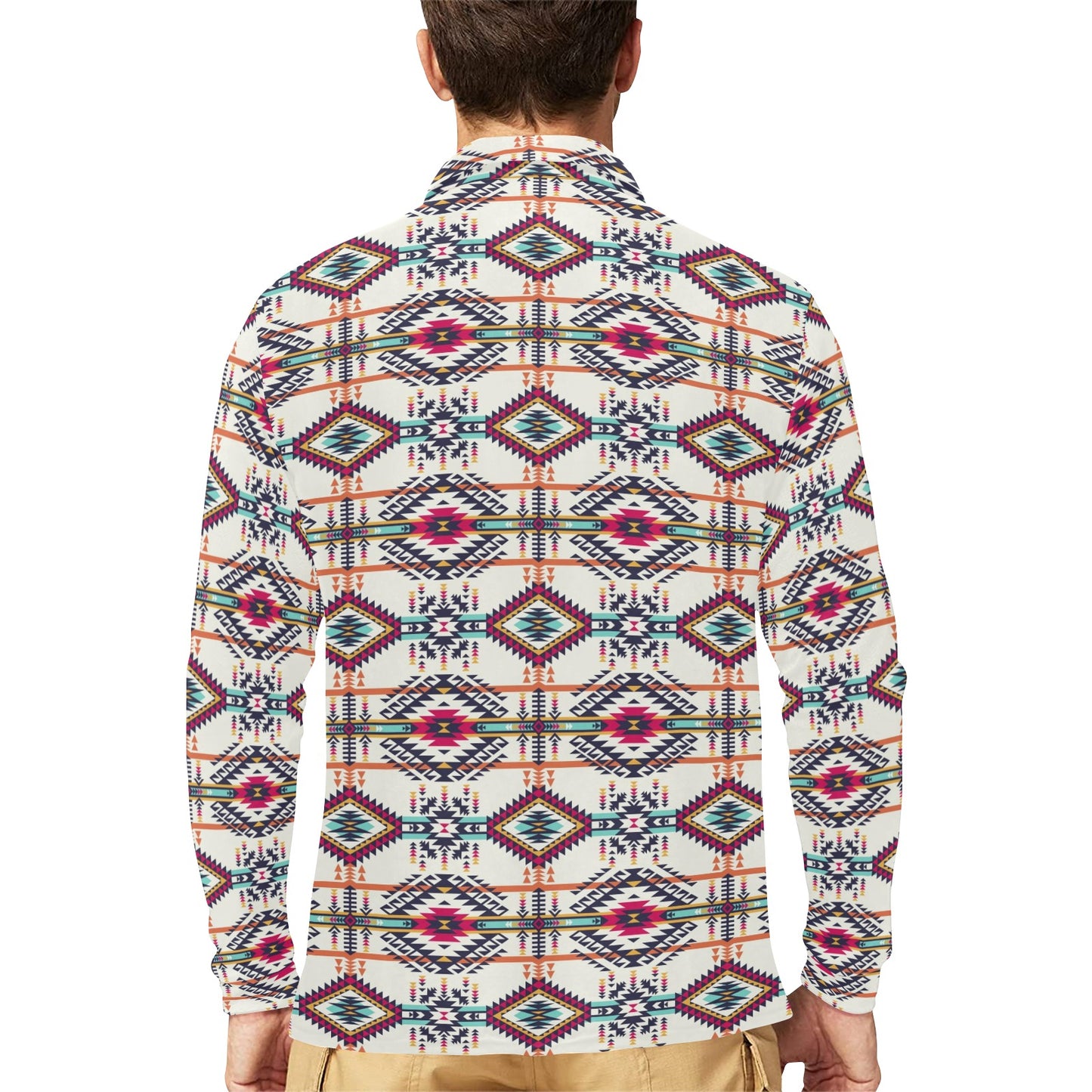 Indian Navajo Art Themed Design Print Long Sleeve Polo Shirt For Men's