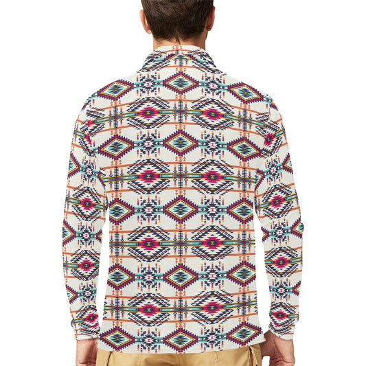 Indian Navajo Art Themed Design Print Long Sleeve Polo Shirt For Men's