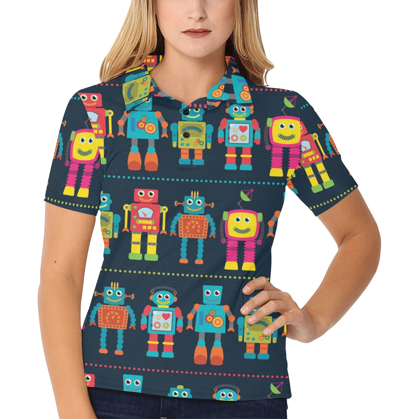 Robot Pattern Print Design A01 Women's Polo Shirt