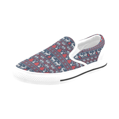 Reindeer Print Design LKS405 White Slip Ons Canvas Women's Shoes