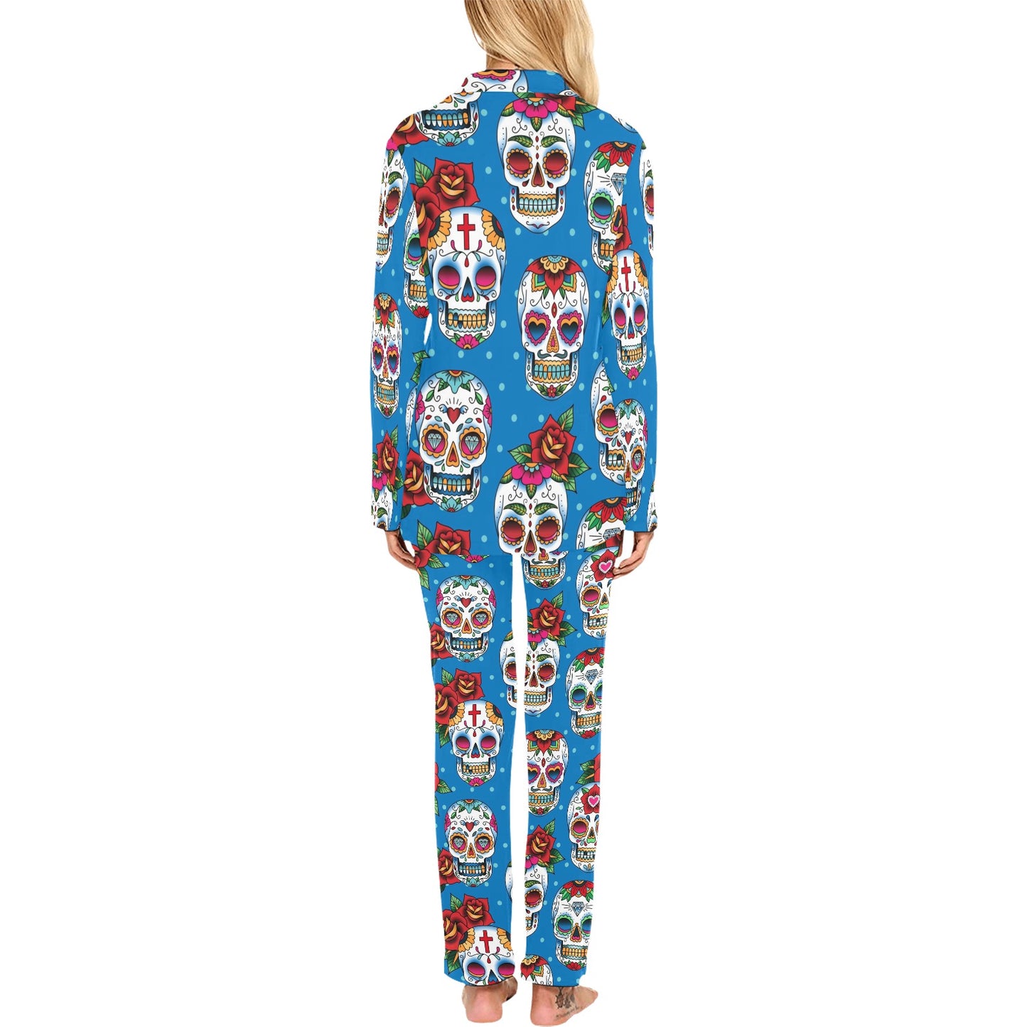 Sugar Skull Rose Pattern Women's Long Pajama Set