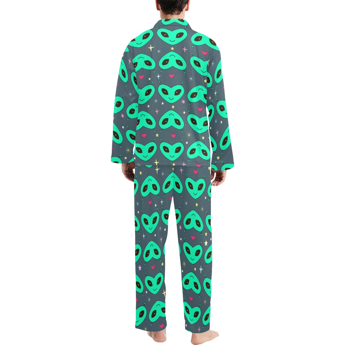 Alien Head Heart Pattern Print Design 03 Men's Long Pajama Set