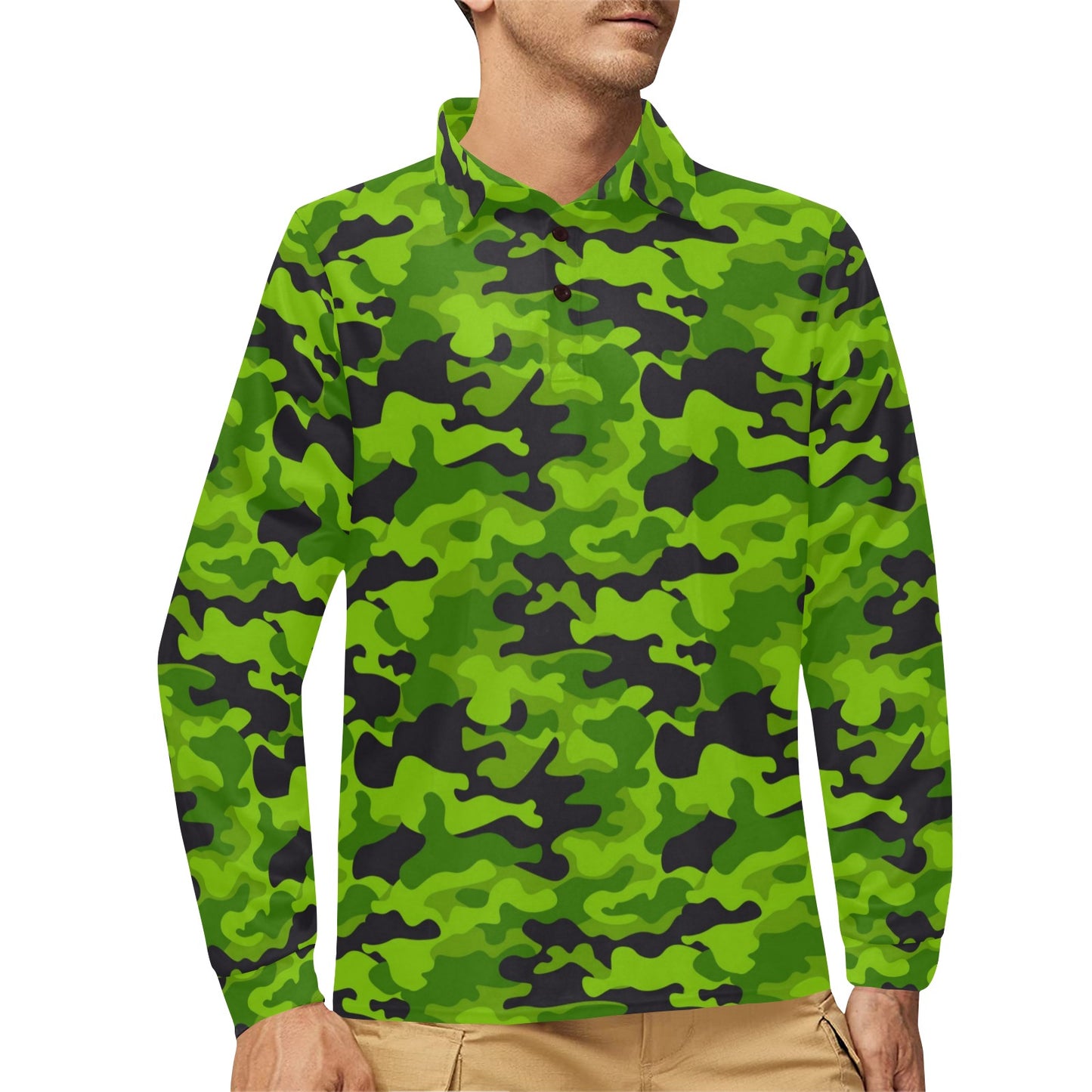 Green Kelly Camo Print Long Sleeve Polo Shirt For Men's